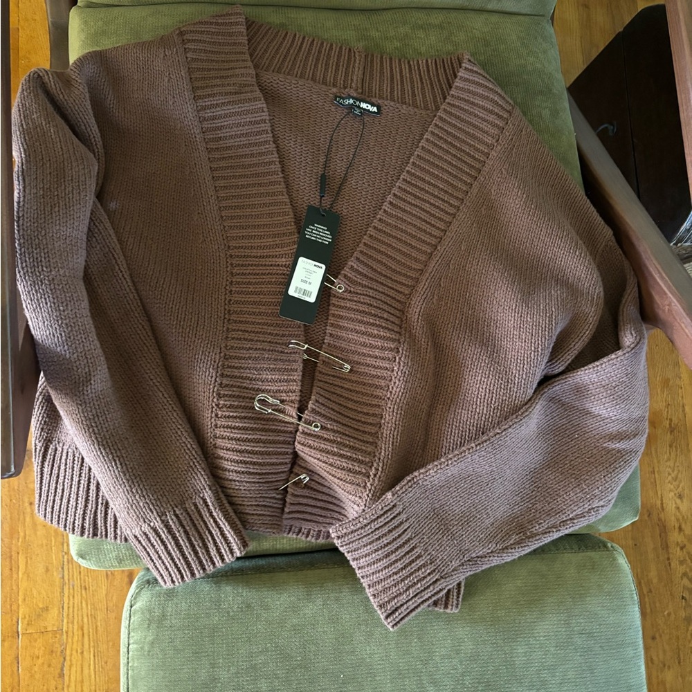 Brand news cardigan with safety pin embellishments